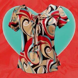 Jonathan Martin Multicolored Psychedelic Keyhole Bow Short Sleeve Blouse Size M